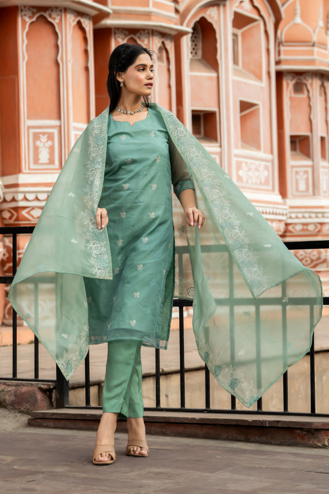 Jugni Turquoise Green Organza Kurta Set