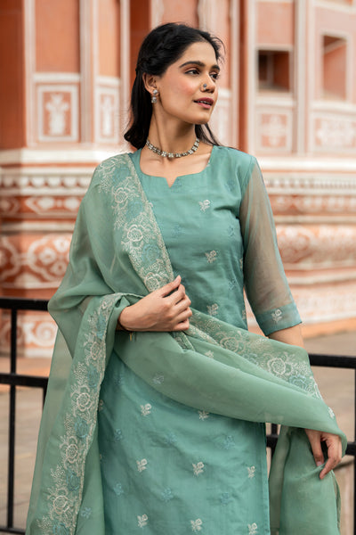 Jugni Turquoise Green Organza Kurta Set