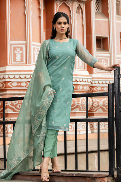 Jugni Turquoise Green Organza Kurta Set