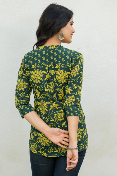 Bottle Green Floral Short Kurta