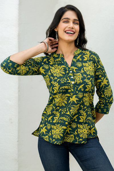 Bottle Green Floral Short Kurta