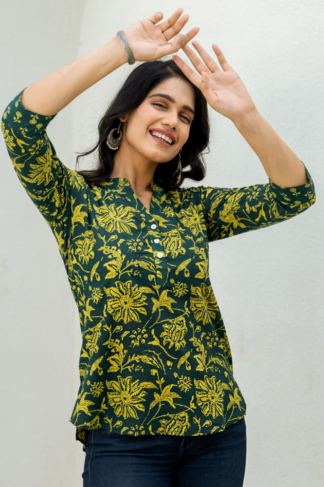 Bottle Green Floral Short Kurta