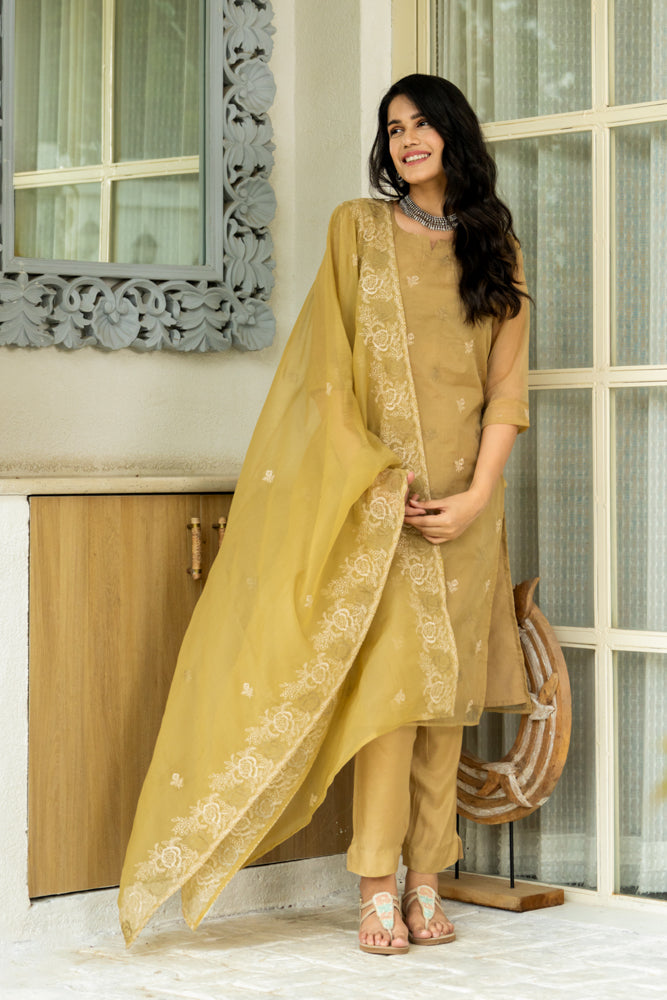 Jugni Olive Organza Kurta Set