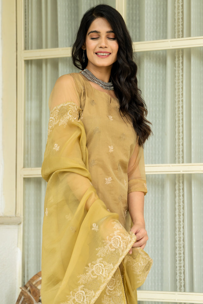 Jugni Olive Organza Kurta Set