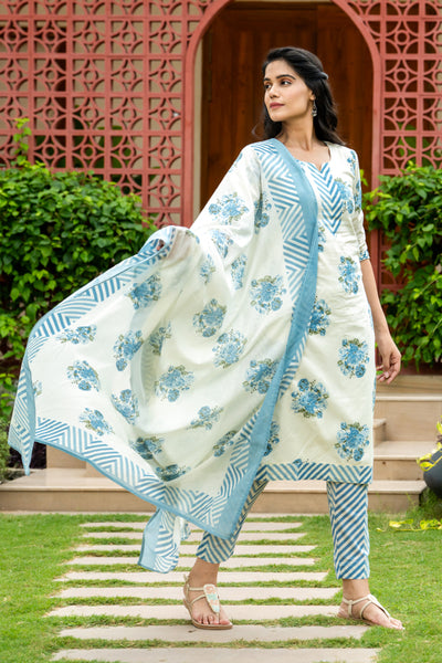 White Blue Kilol Floral Kurta Set