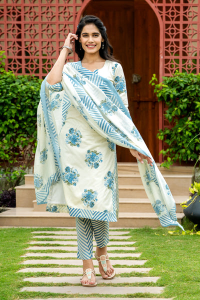 White Blue Kilol Floral Kurta Set