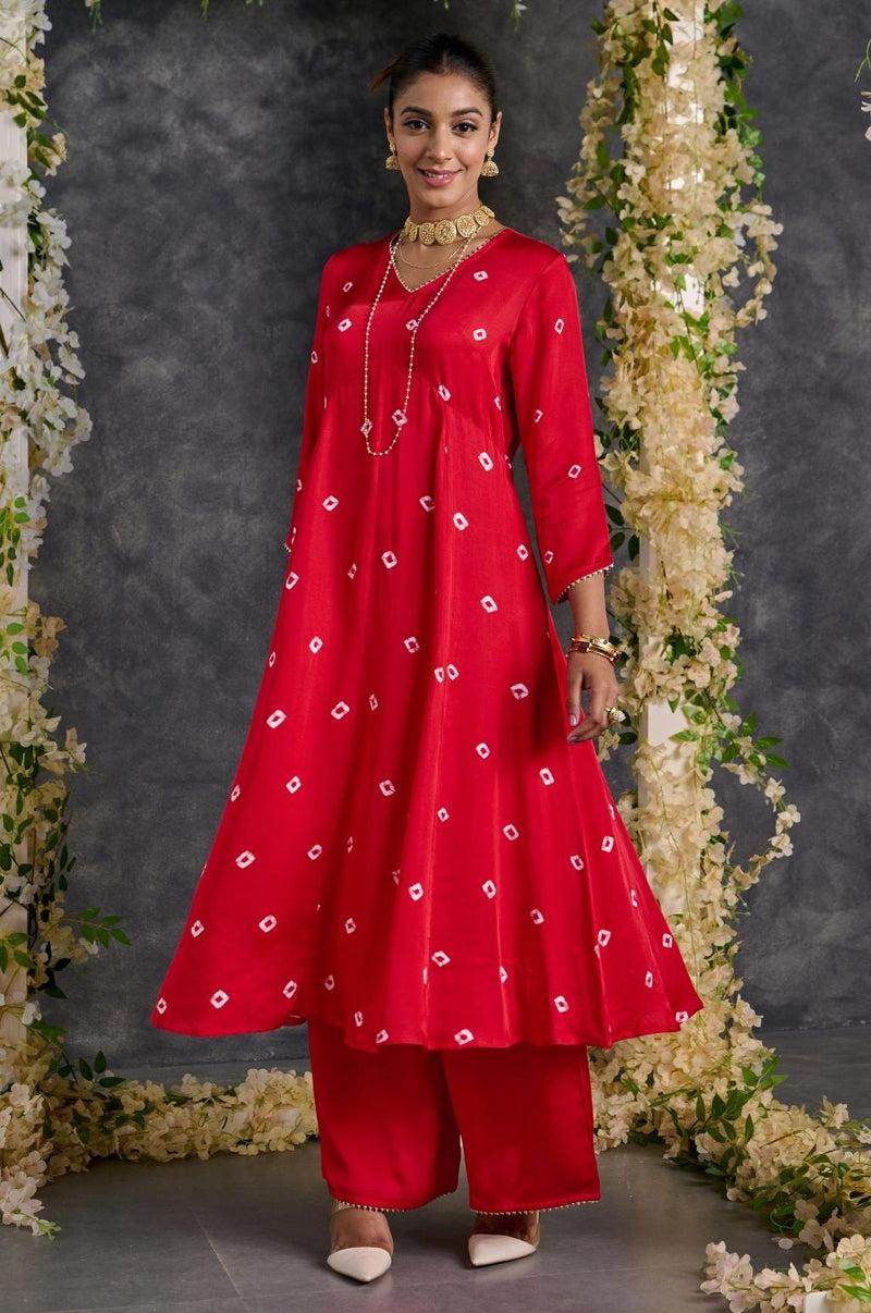 EXP - Red Bandhani A-line modal satin kurta pant set