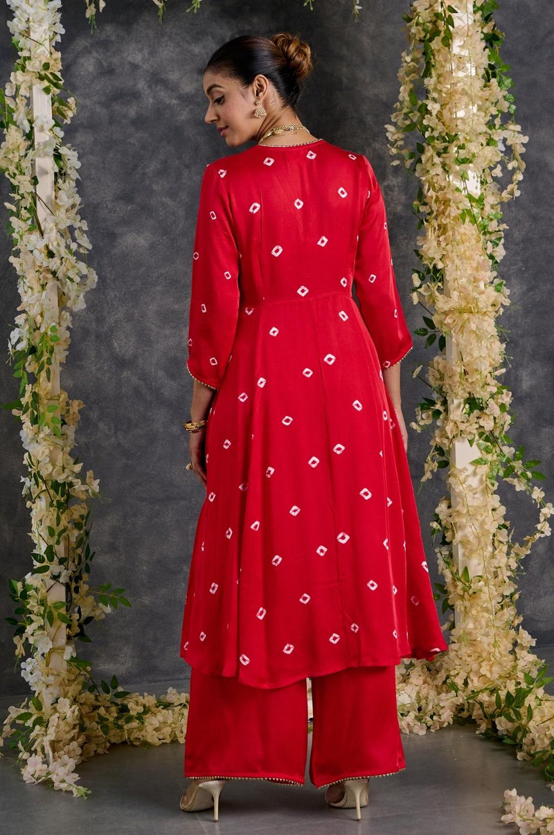 EXP - Red Bandhani A-line modal satin kurta pant set