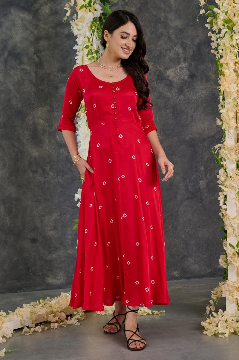 EXP - Red Bandhani Modal Satin fit & Flare Dress