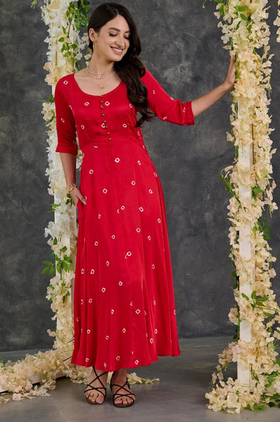EXP - Red Bandhani Modal Satin fit & Flare Dress