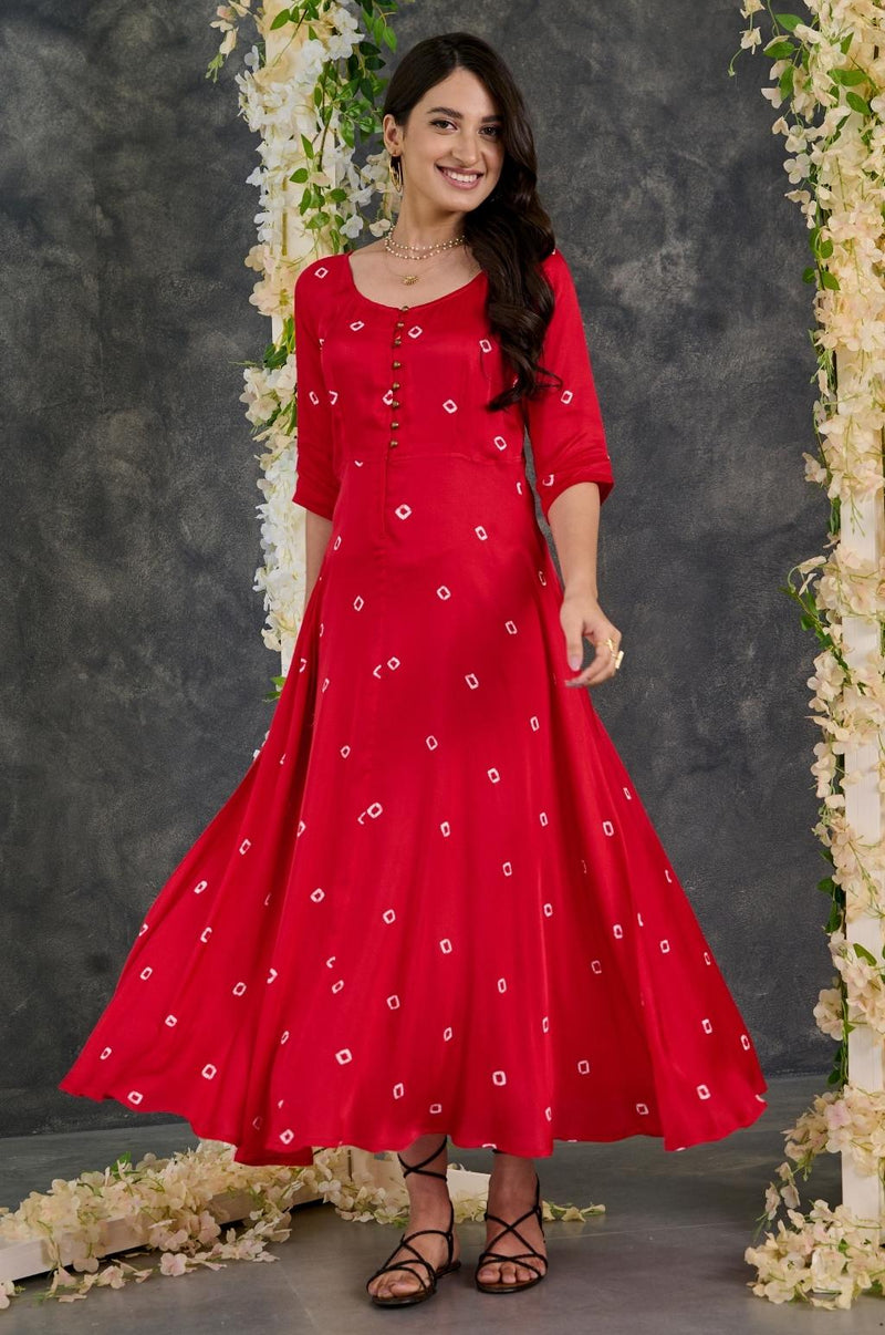 EXP - Red Bandhani Modal Satin fit & Flare Dress