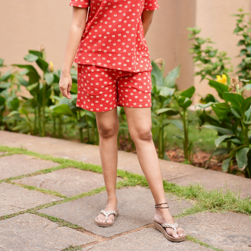 RED CRIMSON DAISY WAFFLE TEEJAMAS