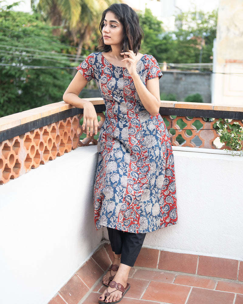 Kamala - Maroon & Blue Kalamkari Dress