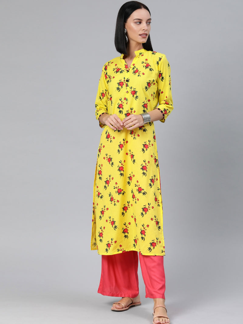 EXP - Lemon Yellow Printed Flower Kurta