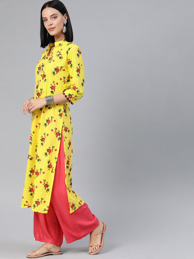 EXP - Lemon Yellow Printed Flower Kurta