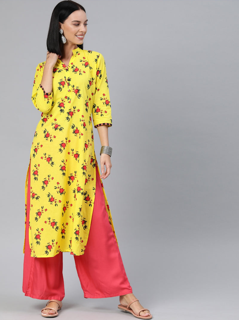 EXP - Lemon Yellow Printed Flower Kurta