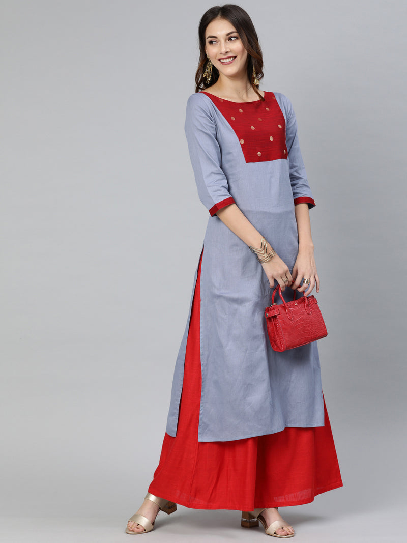 EXP - Trendy Grey Stain Cotton Kurta With Red Patch