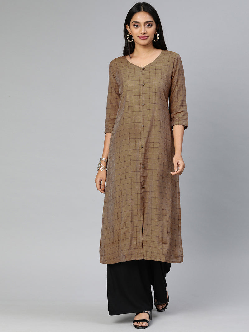 EXP - Ajrakh Coffee Brown Checks Kurta