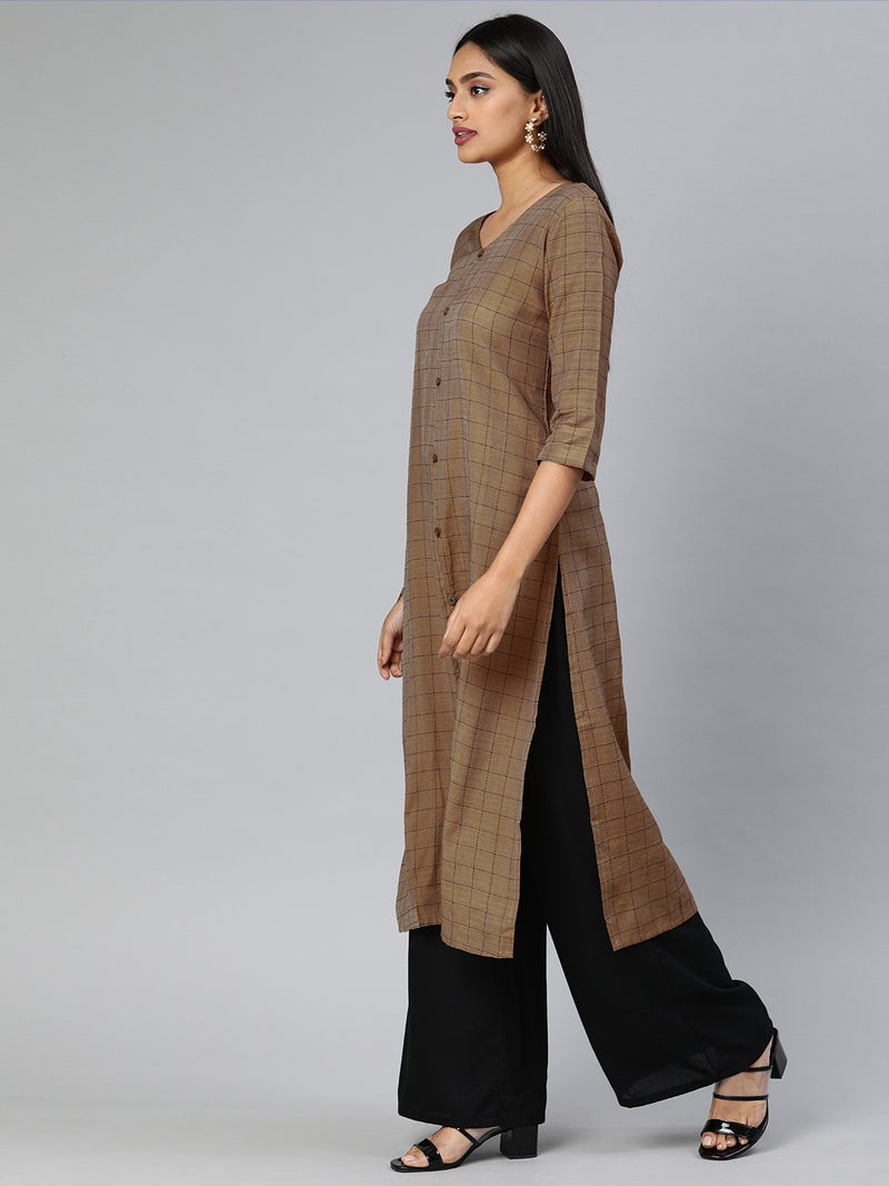 EXP - Ajrakh Coffee Brown Checks Kurta