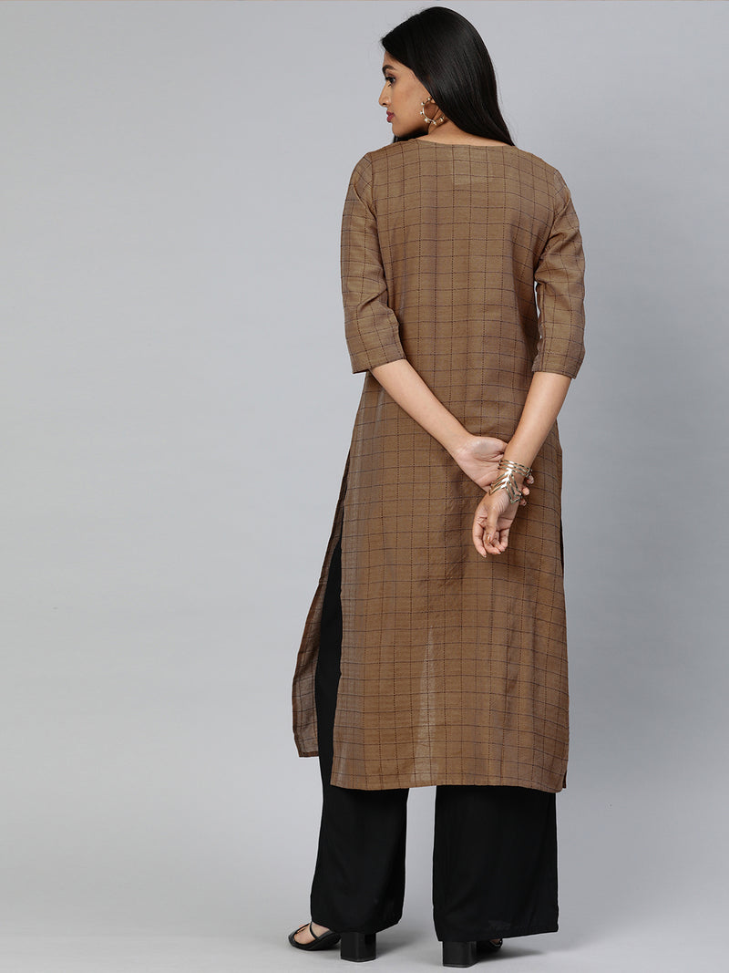 EXP - Ajrakh Coffee Brown Checks Kurta