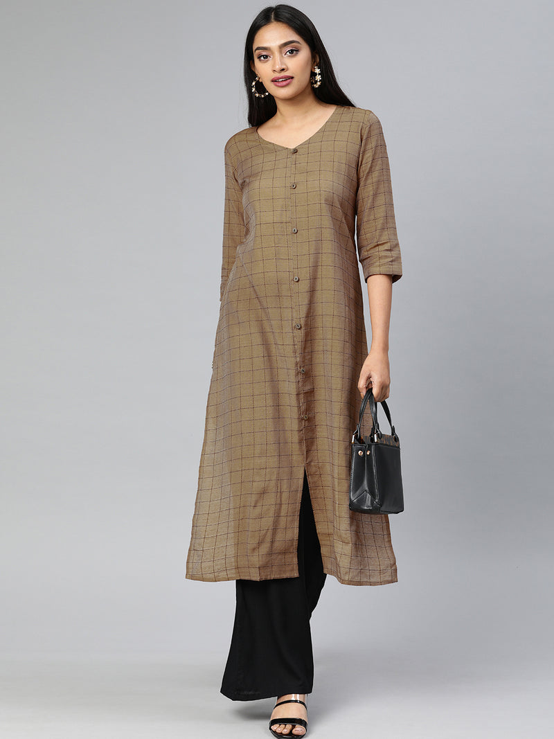 EXP - Ajrakh Coffee Brown Checks Kurta