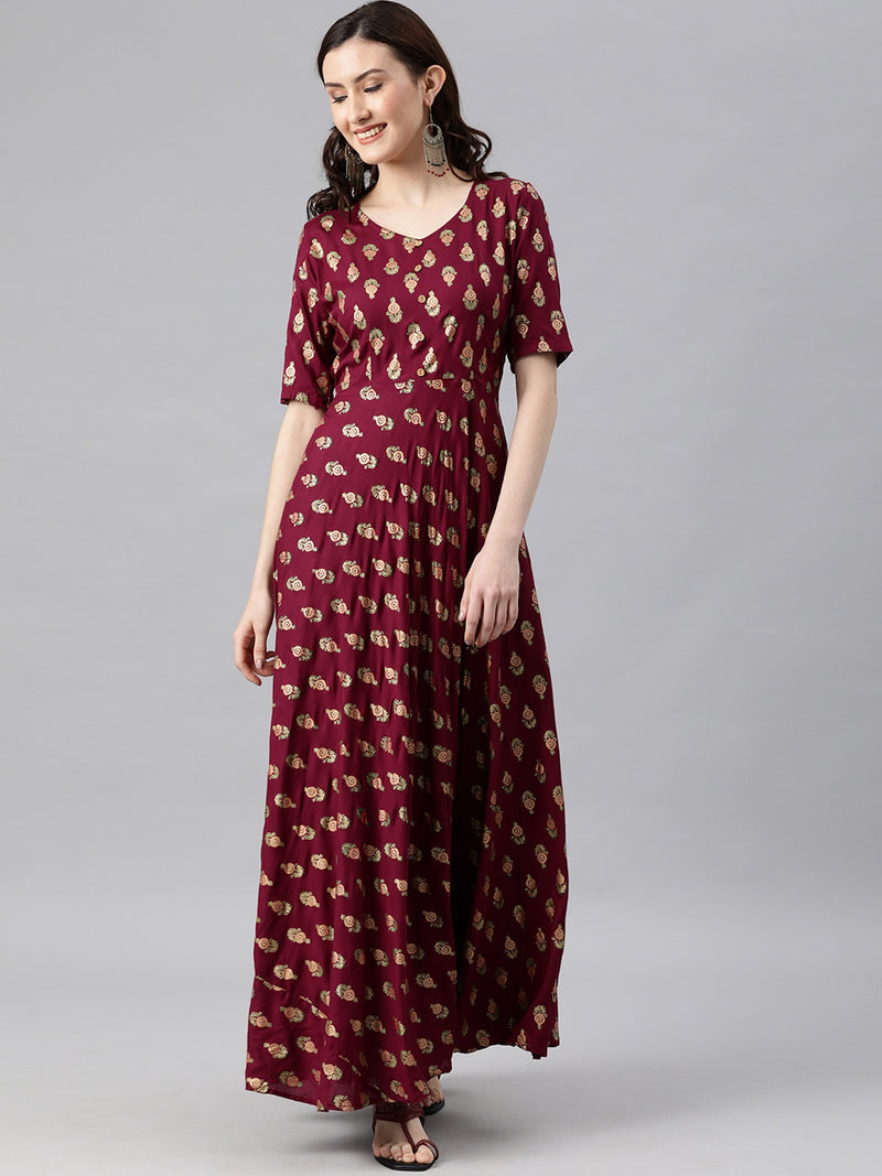 EXP - QUDIO Maroon Printed Rayon Fit & Flare Full Dress