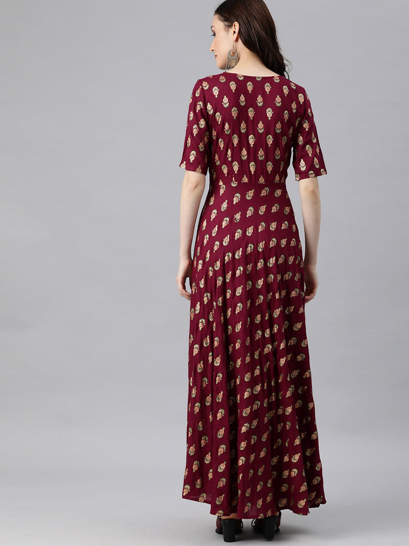 EXP - QUDIO Maroon Printed Rayon Fit & Flare Full Dress