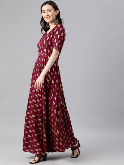 EXP - QUDIO Maroon Printed Rayon Fit & Flare Full Dress