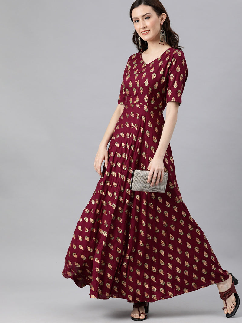 EXP - QUDIO Maroon Printed Rayon Fit & Flare Full Dress