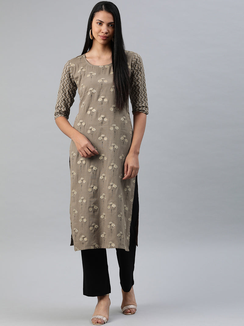 EXP - Zuba Taupe Brown Printed Aline Kurta