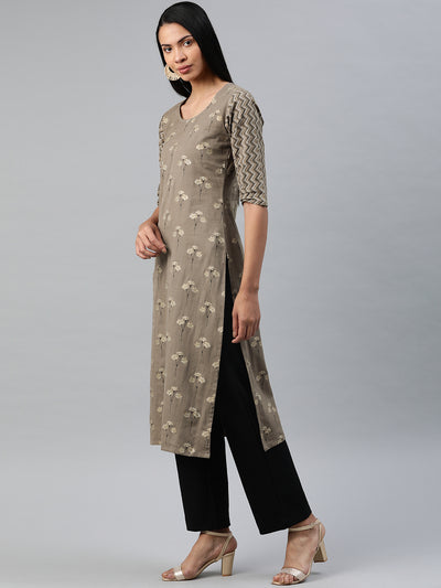 EXP - Zuba Taupe Brown Printed Aline Kurta