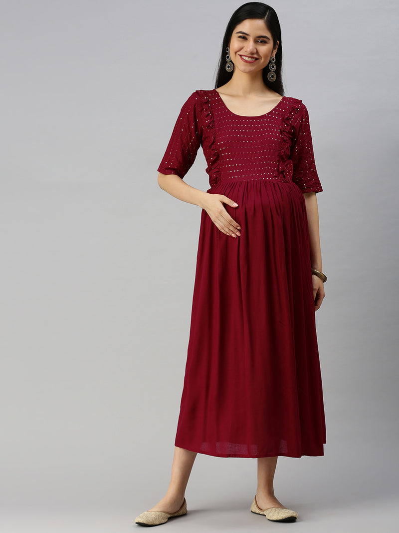 EXP - Anaisa Maroon Embroidered Yoke Nursing  Dress