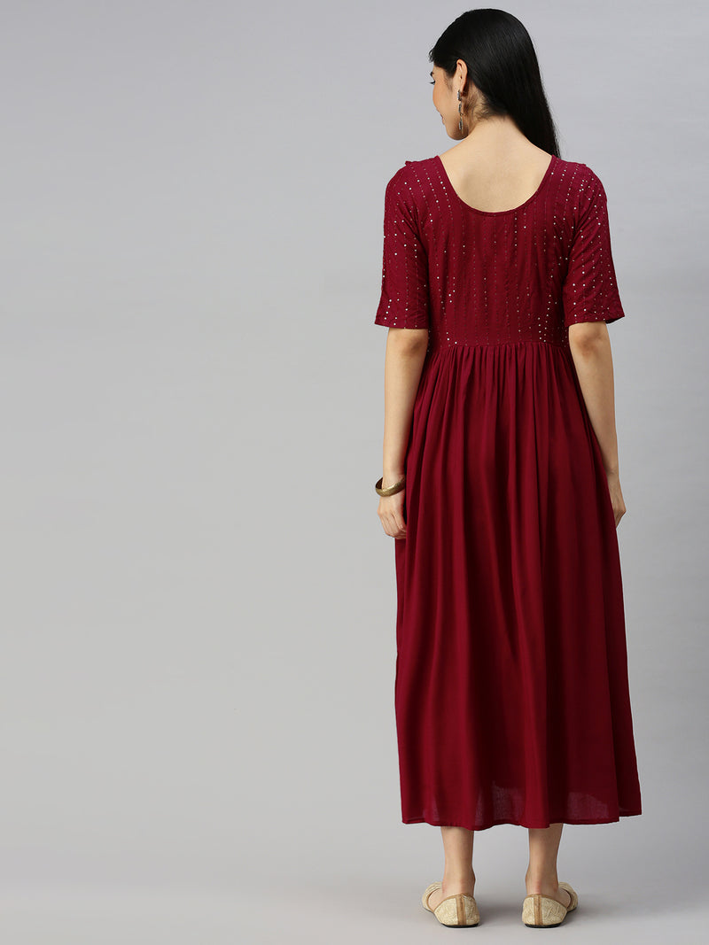 EXP - Anaisa Maroon Embroidered Yoke Nursing  Dress