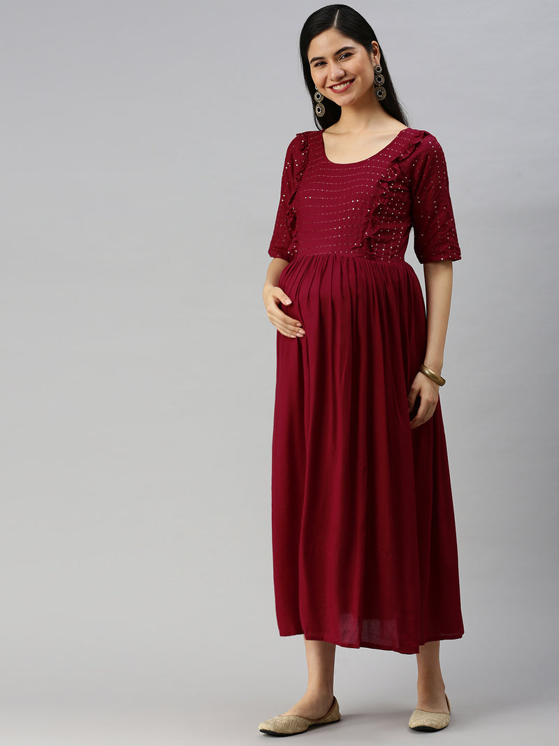 EXP - Anaisa Maroon Embroidered Yoke Nursing  Dress