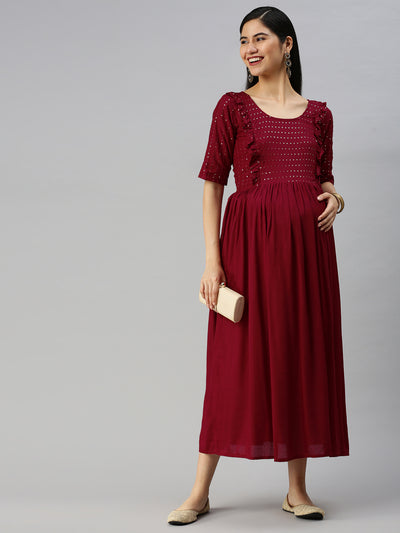 EXP - Anaisa Maroon Embroidered Yoke Nursing  Dress