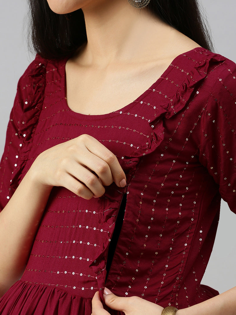 EXP - Anaisa Maroon Embroidered Yoke Nursing  Dress