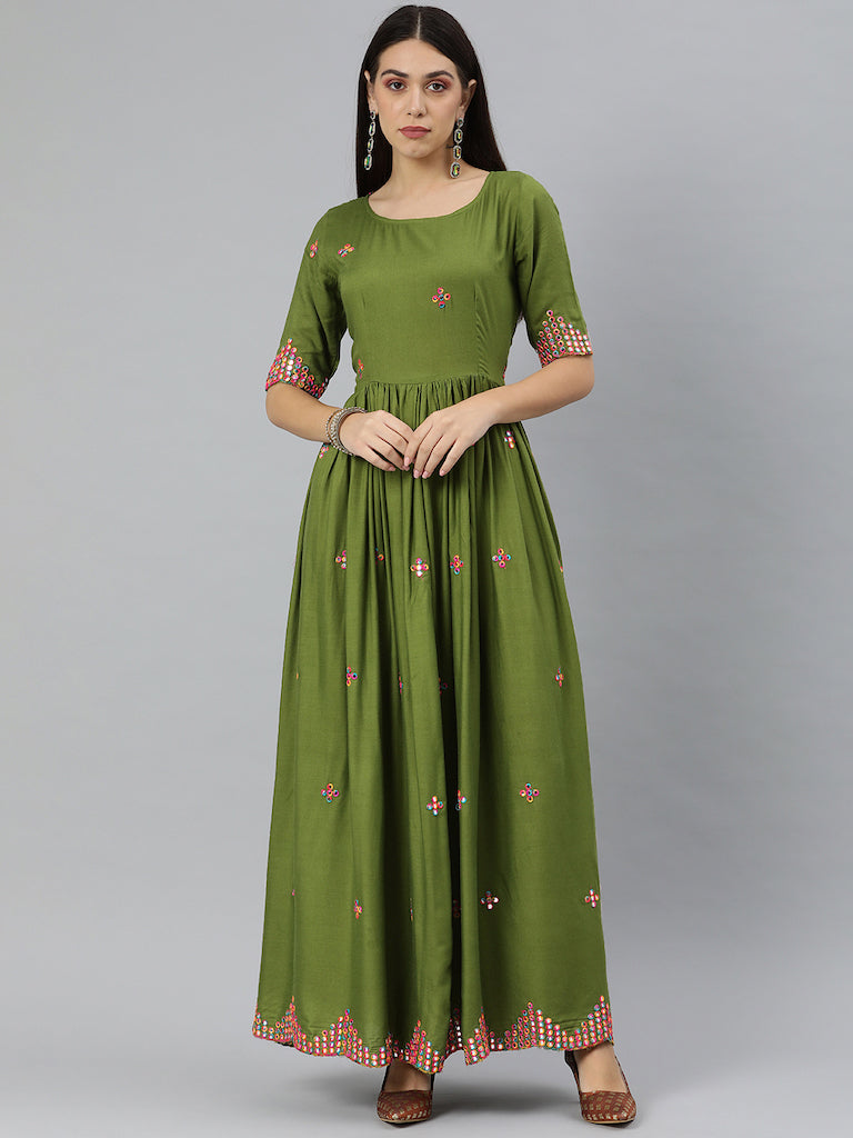 EXP -  Ansya green mirror work dress