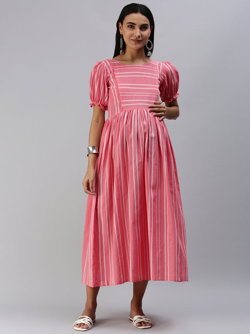 EXP - Apricot Pink Stripes  Nursing  Dress