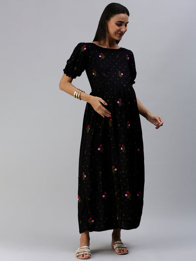 EXP - Hazelnut Black Embroidery Motify  Nursing  Dress