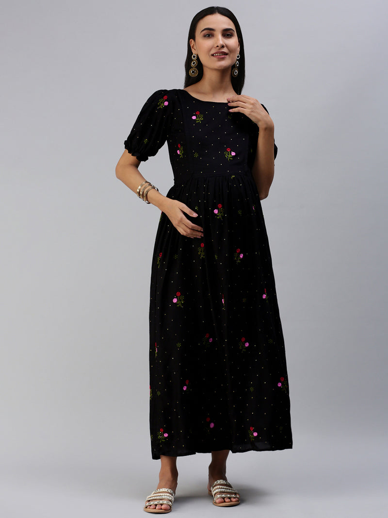 EXP - Hazelnut Black Embroidery Motify  Nursing  Dress