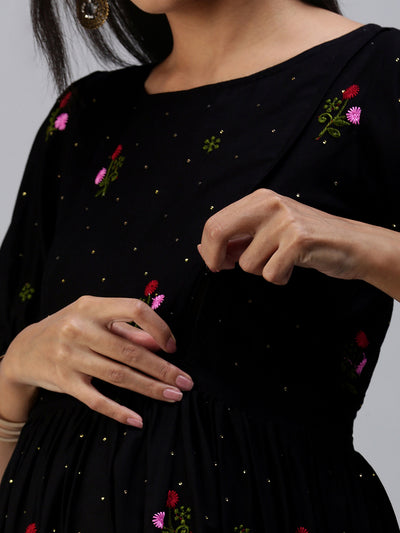 EXP - Hazelnut Black Embroidery Motify  Nursing  Dress