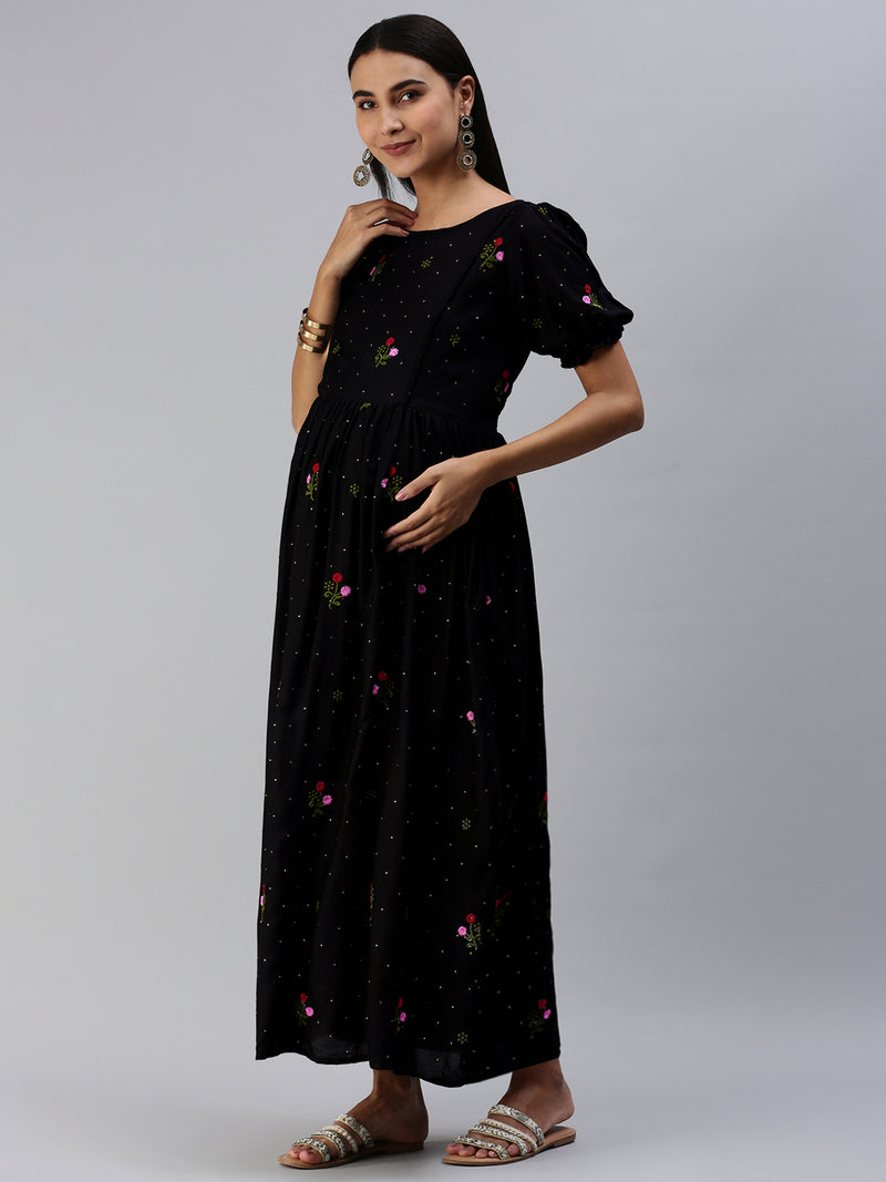 EXP - Hazelnut Black Embroidery Motify  Nursing  Dress