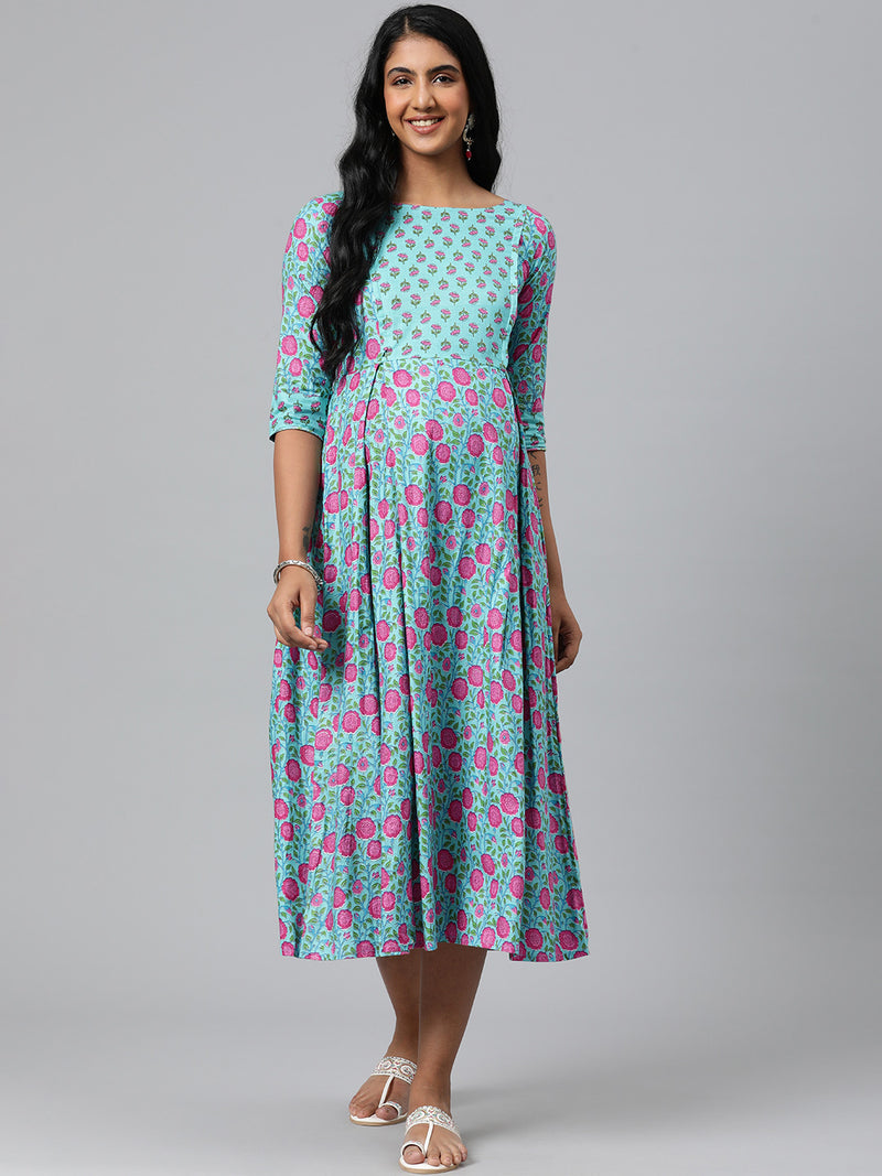 EXP - Hoor Aqua Blue Printed Patch  Nursing  Dress