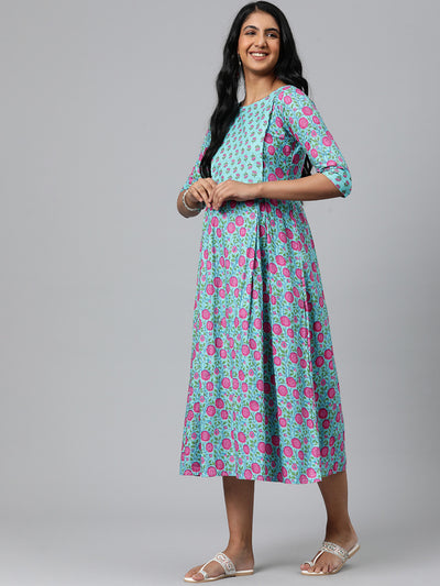 EXP - Hoor Aqua Blue Printed Patch  Nursing  Dress