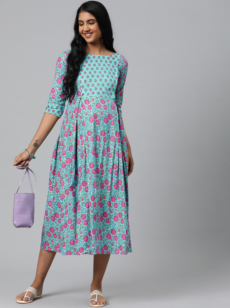 EXP - Hoor Aqua Blue Printed Patch  Nursing  Dress