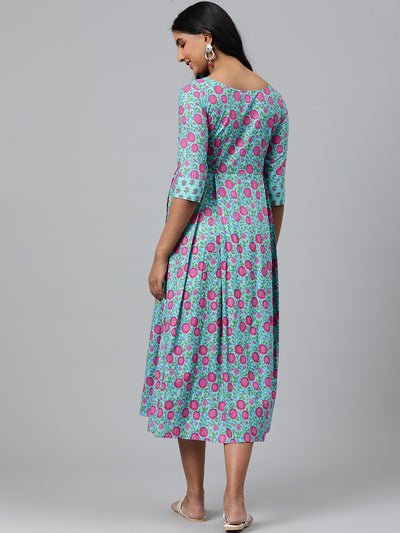 EXP - Hoor Aqua Blue Printed Patch  Nursing  Dress