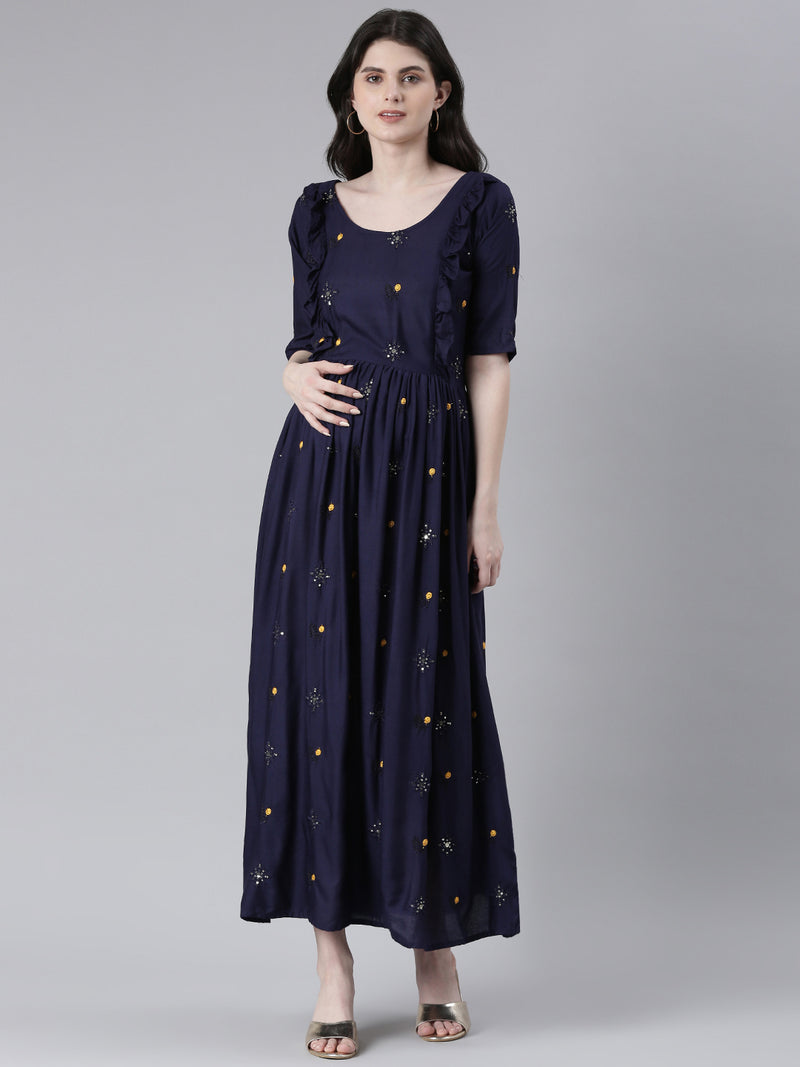 EXP - Maya Blue Sequin Embroidered  Nursing  Dress