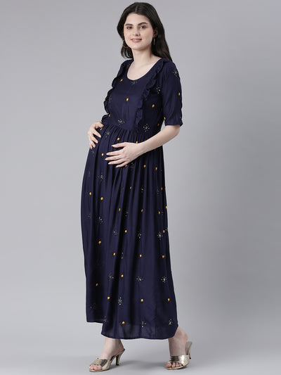 EXP - Maya Blue Sequin Embroidered  Nursing  Dress