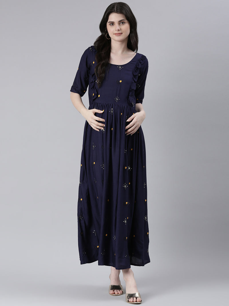 EXP - Maya Blue Sequin Embroidered  Nursing  Dress