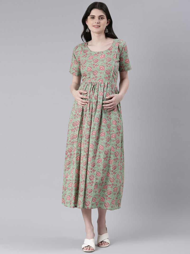 EXP - Mahandi Green Printed  Nursing dress